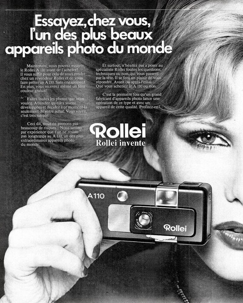 Publicité Rollei A110 des années 1970 montrant l’appareil photo compact 110 tenu en main
