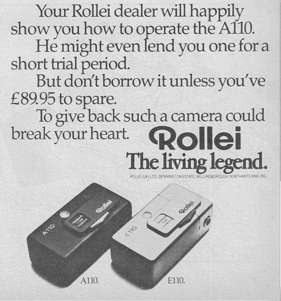 Publicité Rollei A110 des années 1970 présentant l’appareil photo compact au format 110