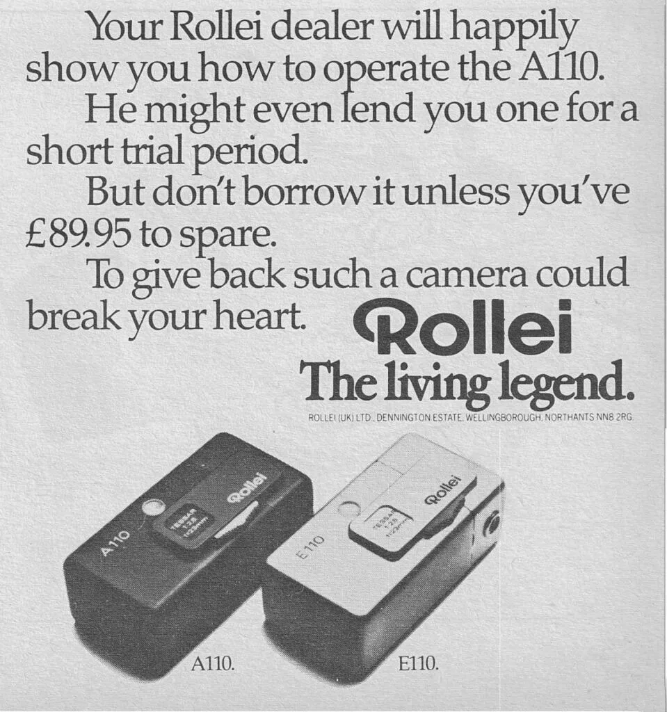 Publicité Rollei A110 des années 1970 présentant l’appareil photo compact au format 110
