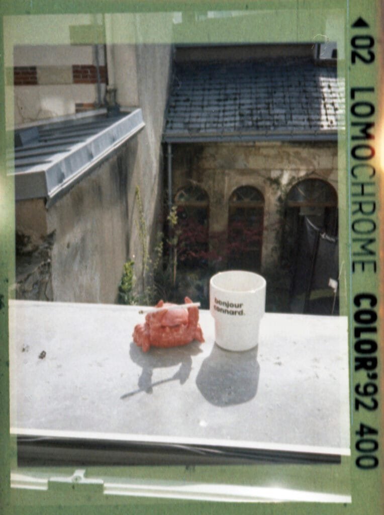 Tasse "bonjour connard" sur un rebord de fenêtre avec vue sur cour intérieure, photographiée au Rollei A110 sur pellicule LomoChrome Color'92 400