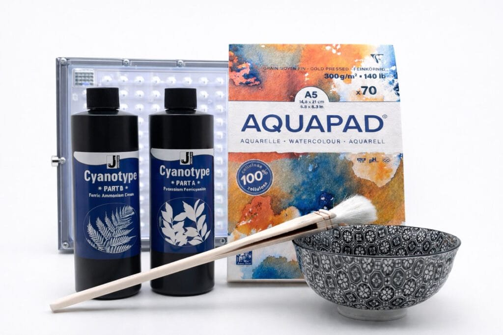 Matériel pour débuter le cyanotype : kit Jacquard Part A et B, bloc Aquapad A5 Clairefontaine, lampe UV, pinceau et bol