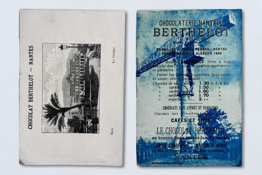 Prospectus Chocolaterie Berthelot Nantes recto verso, cyanotype de la grue Titan de Nantes pris au Hasselblad sur le texte publicitaire d'époque