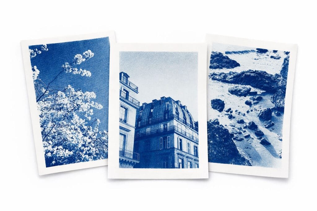 Trois cyanotypes sur papier aquarelle Clairefontaine : cerisiers à Nantes, façades rue de Rivoli à Paris, rochers à Pornichet