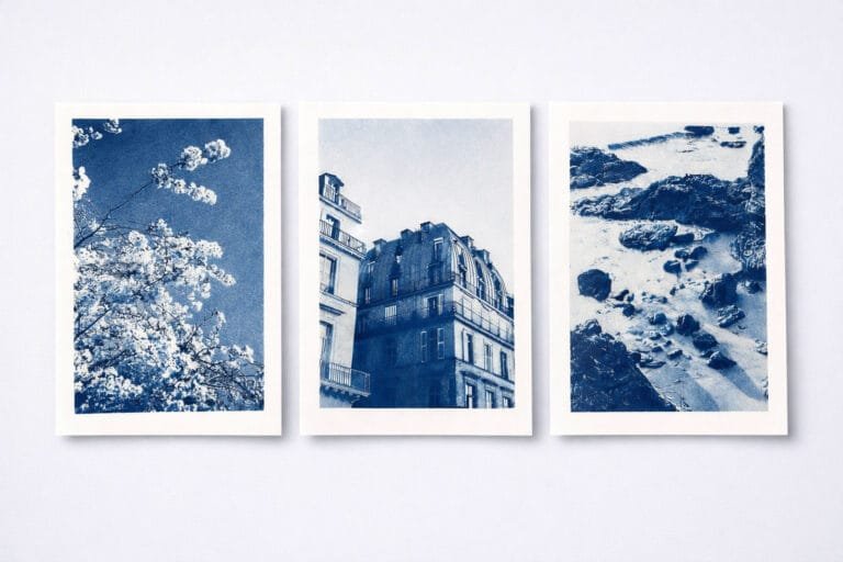 Trois cyanotypes sur papier aquarelle Clairefontaine : cerisiers à Nantes, rue de Rivoli à Paris, rochers à Pornichet