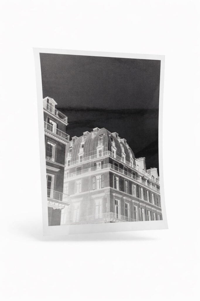 Transparent négatif imprimé à partir d'une photo argentique de la rue de Rivoli à Paris, prêt pour le cyanotype