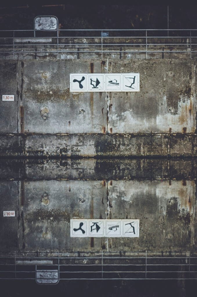 Mur en béton de la piscine du Prieuré à Dinard avec pictogrammes et indication de profondeur 1,80m, reflet dans l'eau, photo argentique Nikon F3