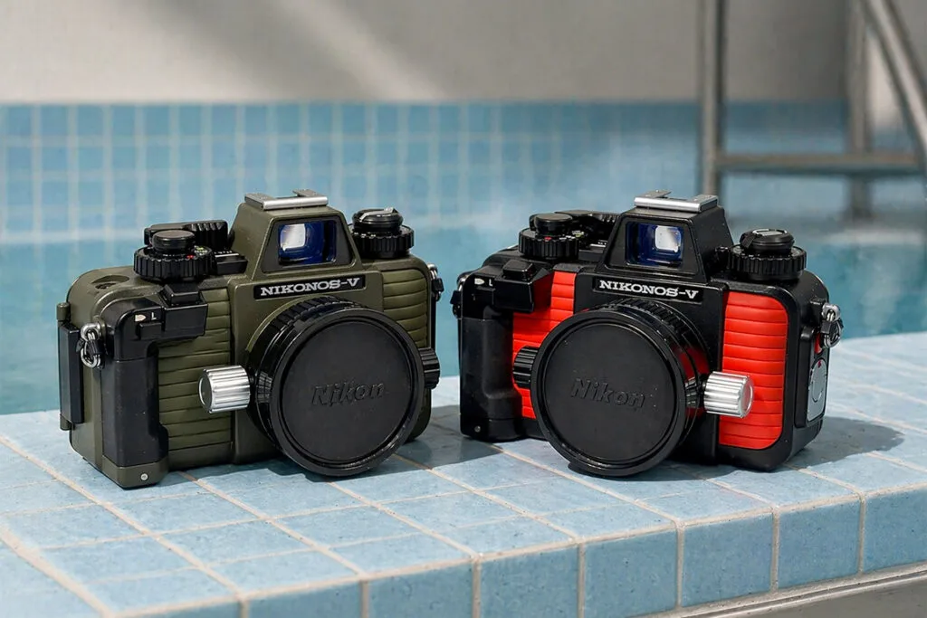 Deux boîtiers Nikonos V côte à côte, version kaki à gauche et version orange à droite, sans objectif sur fond blanc
