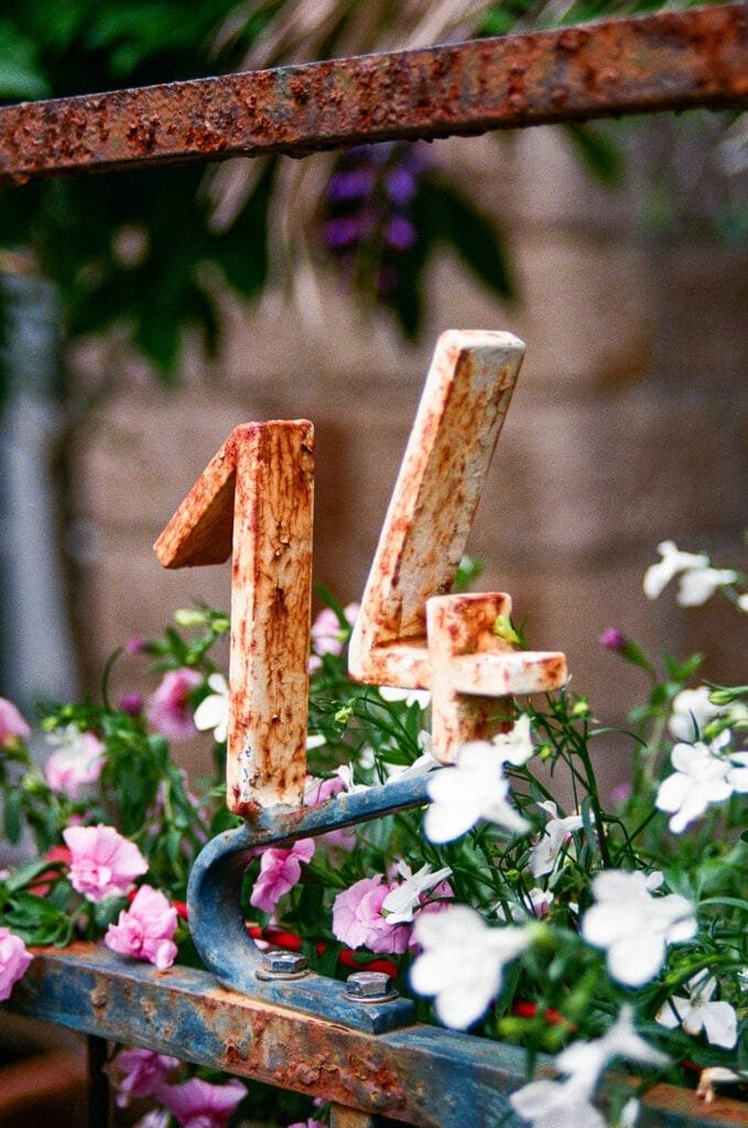 Numéro de maison 14 en fer rouillé entouré de fleurs roses et blanches, Nantes, Canon EOS 700