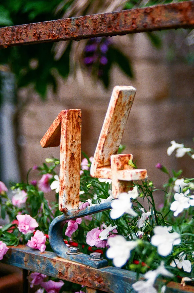 Numéro de maison 14 en fer rouillé entouré de fleurs roses et blanches, Nantes, Canon EOS 700