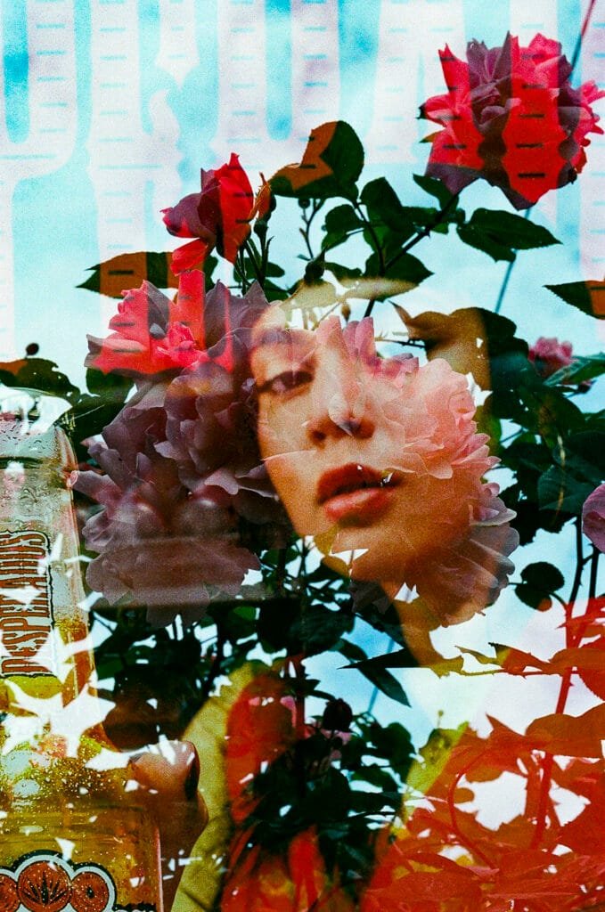 Double exposition argentique — visage publicitaire superposé à des roses, Nikon F3 HP, Ultramax 400, Jardin des Plantes Nantes