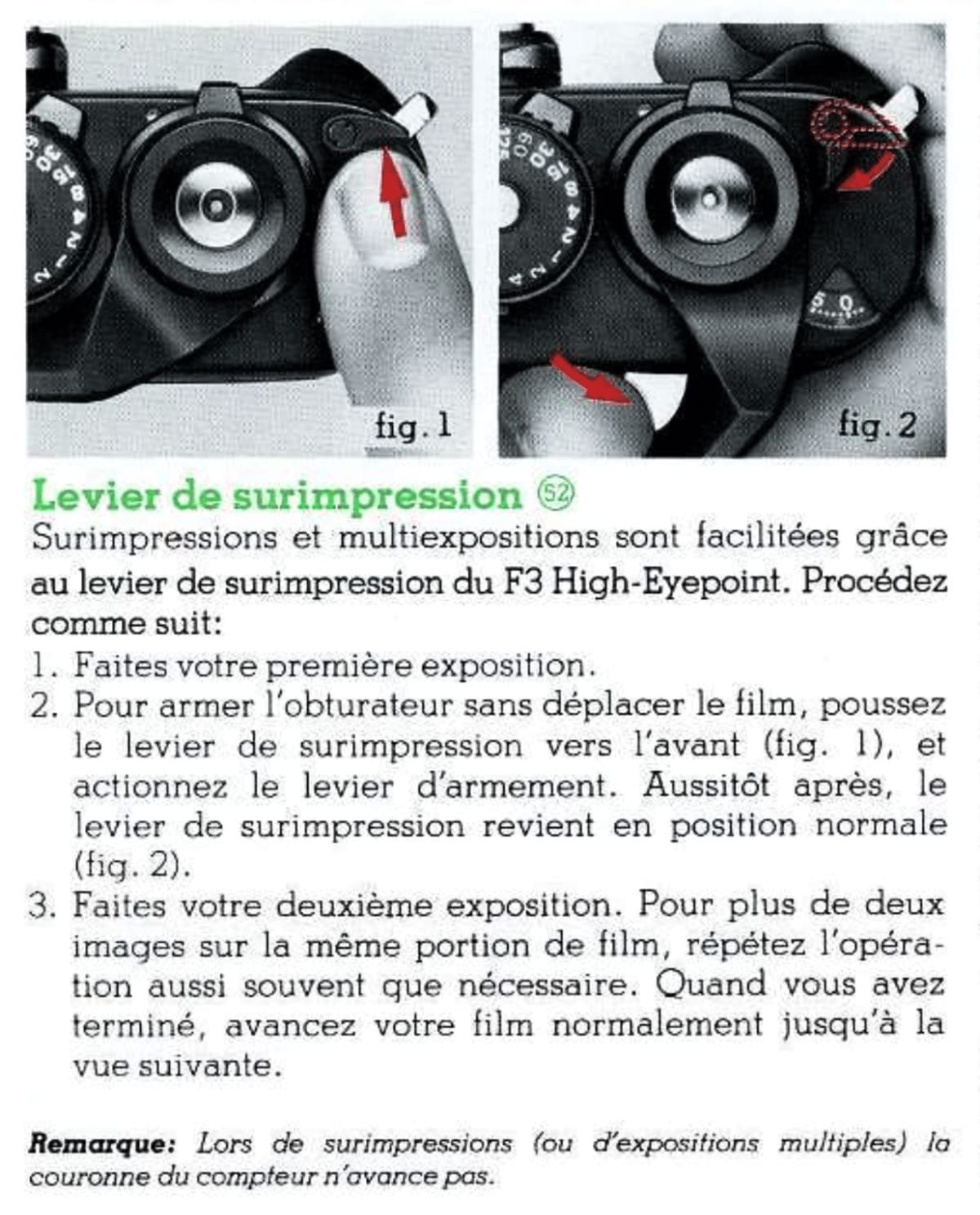 Extrait du manuel du Nikon F3 HP expliquant l'utilisation du levier de surimpression pour la double exposition argentique