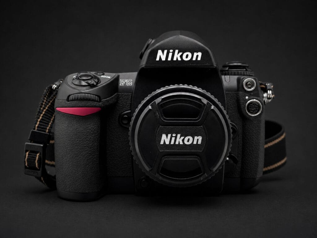 Nikon F6 de face avec bouchon d'objectif — reflex argentique 35mm professionnel