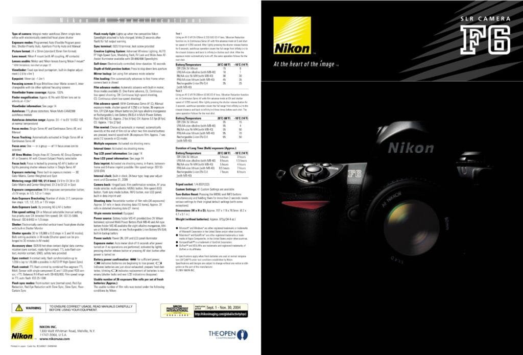 Brochure officielle Nikon F6 2004 — fiche technique complète et couverture