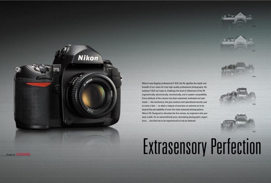 Brochure Nikon F6 2004 — lignée F de 1959 à 1996 et design Giugiaro