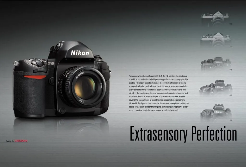 Brochure Nikon F6 2004 — lignée F de 1959 à 1996 et design Giugiaro