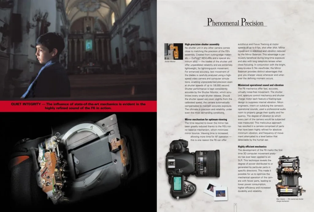 Brochure Nikon F6 2004 — obturateur haute précision et mécanisme miroir