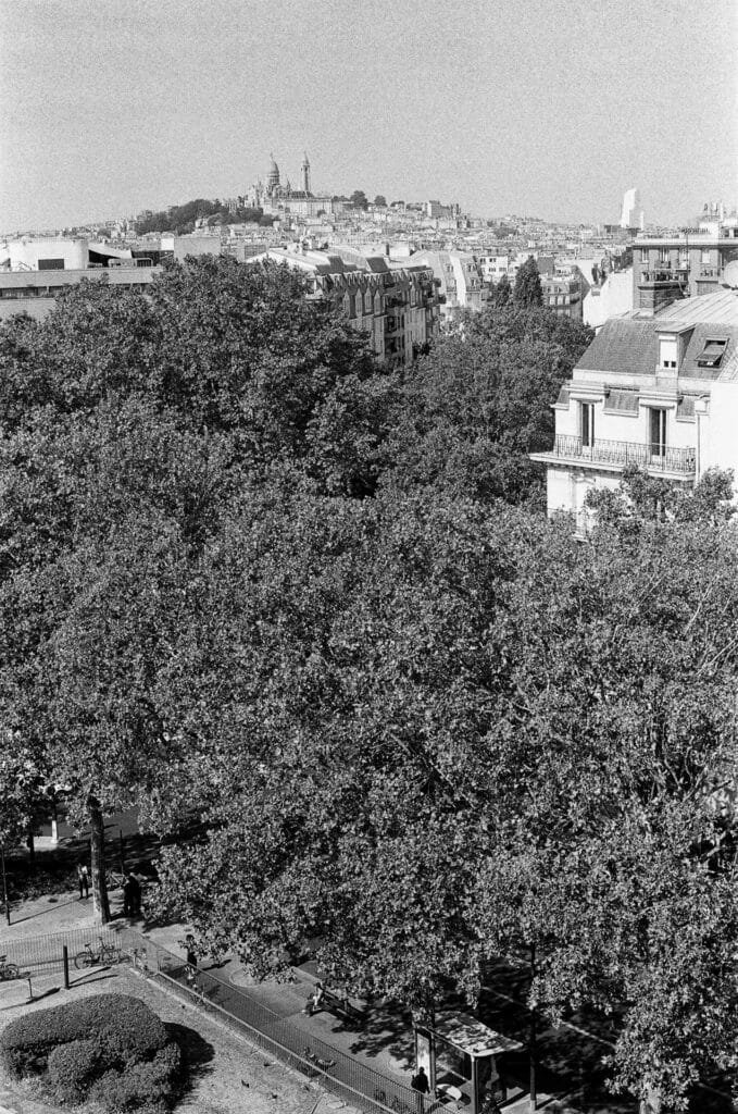 Vue depuis le toit-terrasse de l'Espace Niemeyer, arbres en contrebas et Sacré-Cœur à l'horizon